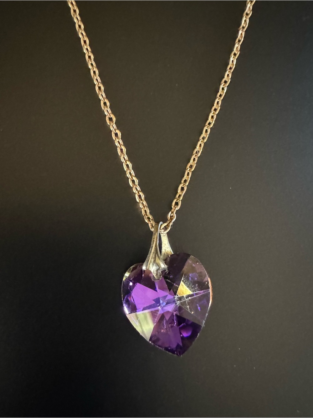 Purple Faceted Crystal Heart Pendant Gold Tone Necklace - 15”